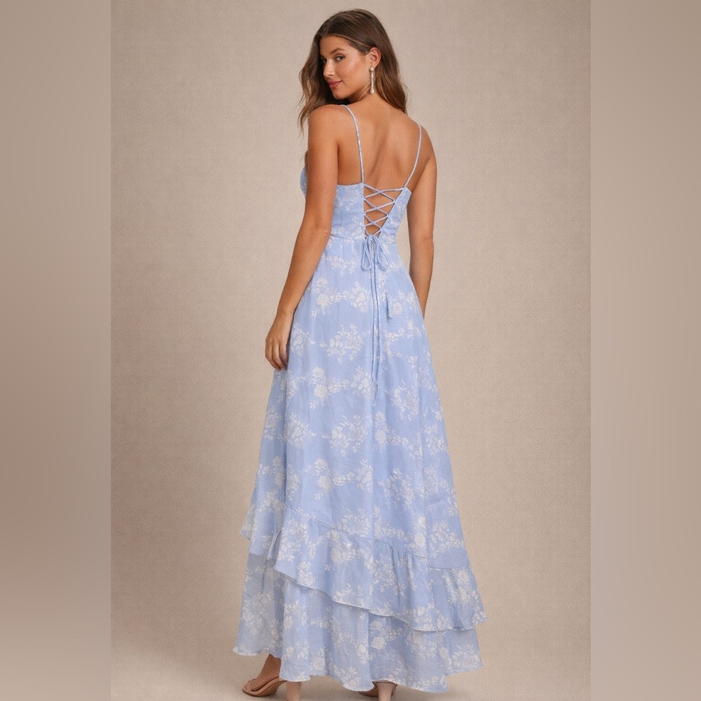 Lulus NEW In Love Forever Maxi Dress Size XL Floral Lace Up Back Ruffle Tiered - Picture 2 of 12